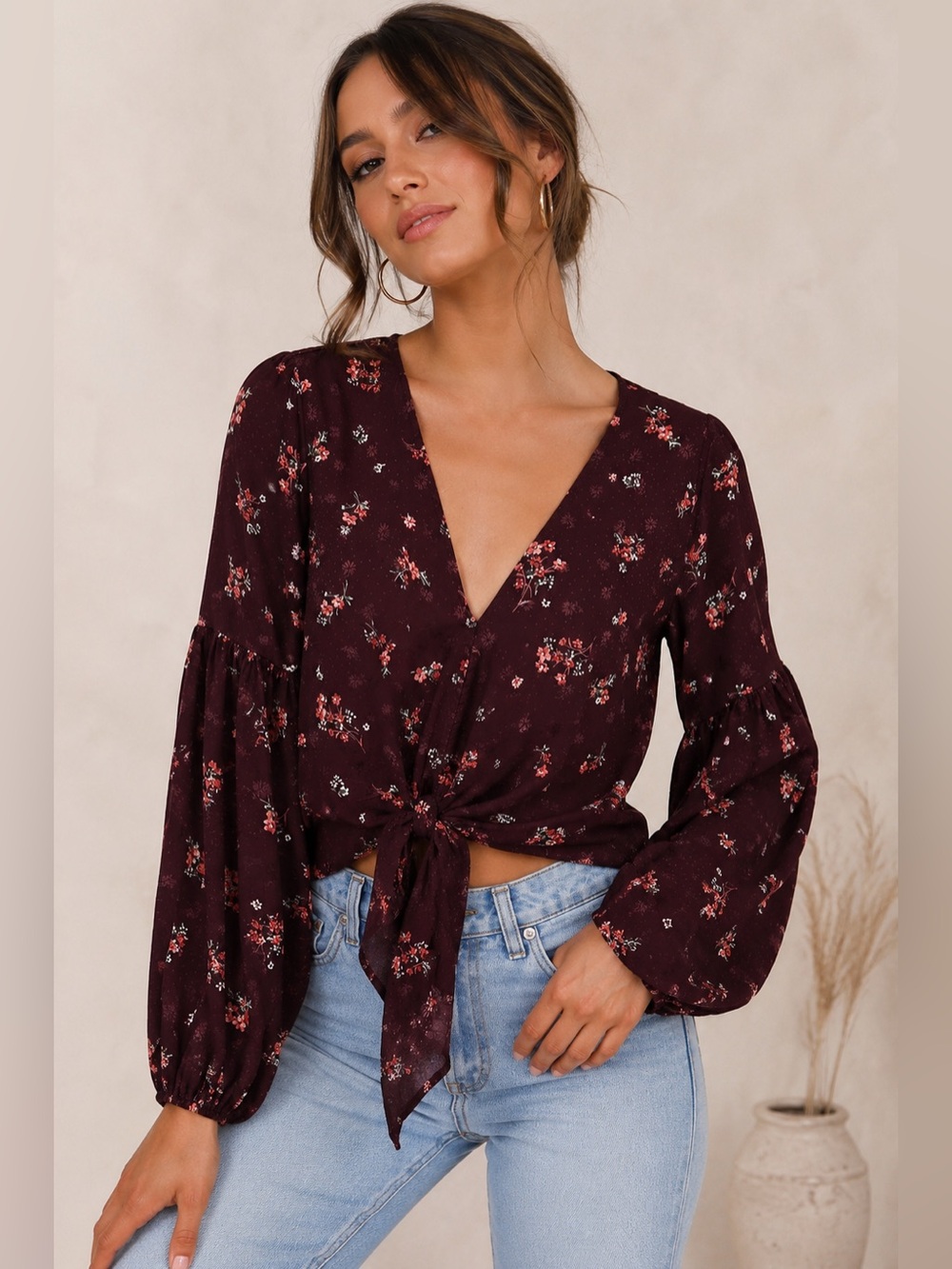 lovestitch Burgundy Floral Tie-Front Peasant Blouse